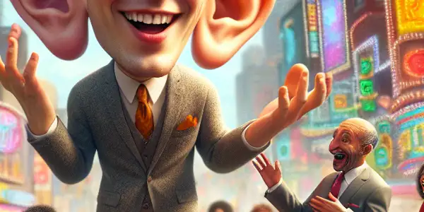 A young man with large ears joyfully interacts with diverse characters in a vibrant urban park.