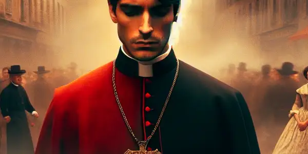 A young man in military and priest attire stands at a crossroads in a bustling 19th-century French town square.