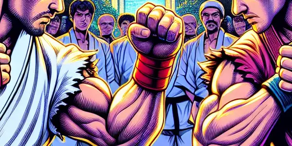 Ryu and Ken engage in a fierce street fight amidst a vibrant 1990s urban backdrop.