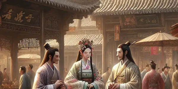 A bustling Ming Dynasty marketplace scene with characters engaged in conversation, showcasing love, satire, and cultural details.