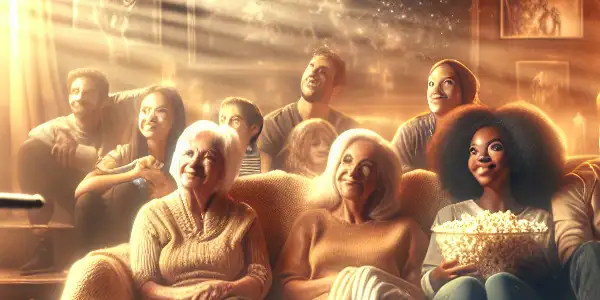 A cozy living room with a vintage projector, diverse film enthusiasts enjoying a classic movie, and nostalgic decor.