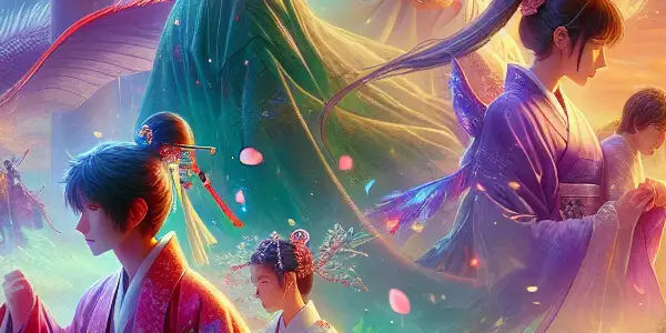 A vibrant scene featuring iconic Asian cultural elements and characters from various film genres, evoking cinematic nostalgia.