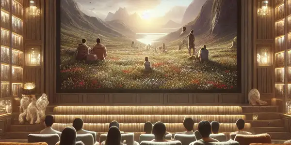 A cozy home theater filled with diverse film fans exploring a vibrant collection of movie genres on a large screen.