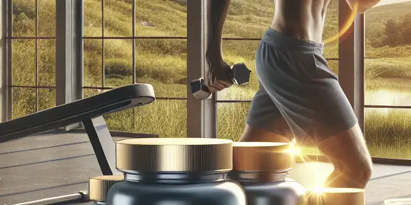 A fit man working out in a wellness center, surrounded by natural supplements and a serene outdoor view.