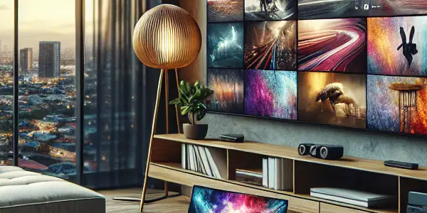 A cozy living room with a flat-screen TV showcasing vibrant videos, inviting relaxation and urban contrast.