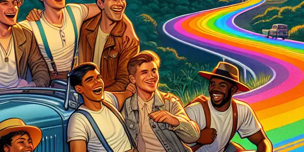 A group of young travelers joyfully embarks on a colorful road trip in a vintage car.