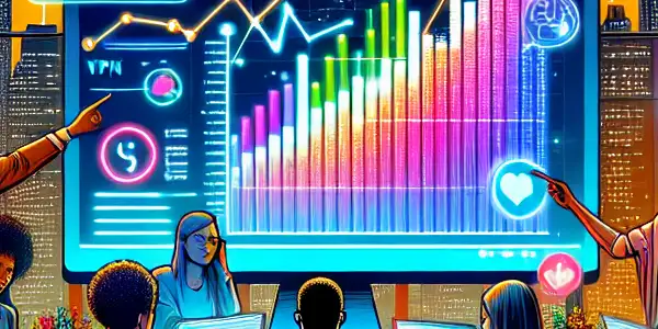 A diverse group of young adults in a cozy home office, analyzing adult entertainment trends on a laptop.