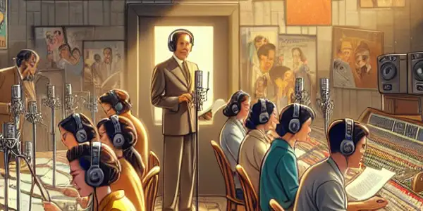 A vibrant studio scene with diverse voice artists dubbing classic films, surrounded by vintage equipment and iconic posters.