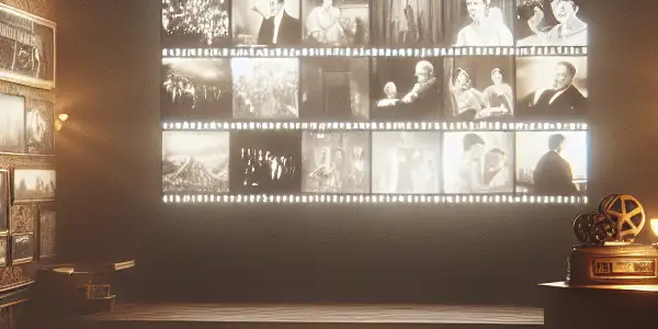 A vintage cinema scene with plush seats, blurred film silhouettes, and warm lighting, evoking nostalgia and intimacy.