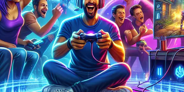 A diverse group of gamers excitedly engaging with a large gaming setup and in-game purchase options.