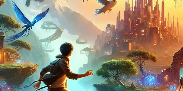 A courageous protagonist navigates a surreal landscape filled with floating islands, glowing flora, and intriguing characters.