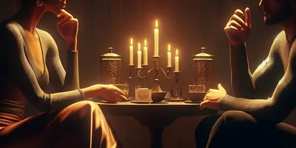 A cozy, intimate room with two people engaged in a deep conversation, surrounded by warm lighting and romantic decor.