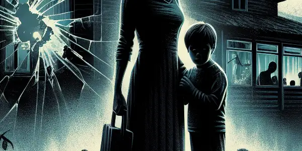 A distressed mother and child stand in a dark, eerie home, surrounded by shadows and a haunting garden.