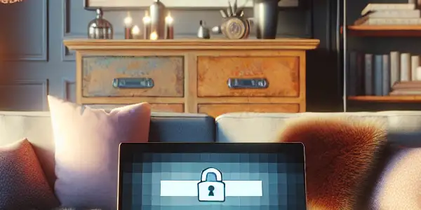 A cozy living room with a laptop displaying abstract adult content, emphasizing privacy and responsible online consumption.