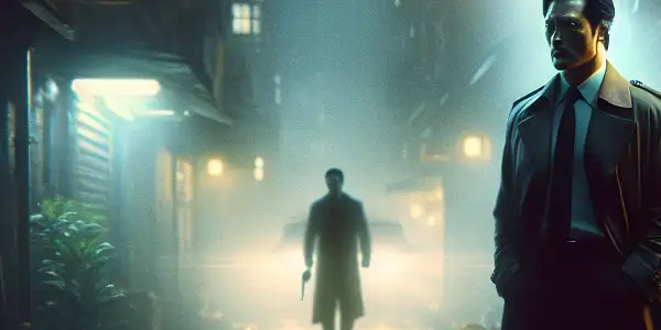 A tense urban alleyway scene with a detective confronting a shadowy criminal, illuminated by neon lights.