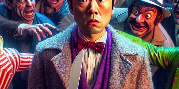 A clumsy actor in a mismatched outfit accidentally disrupts a chaotic gangster scene in a neon-lit alley.