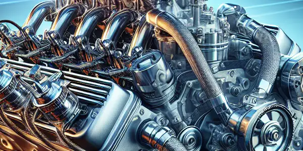 A detailed V8 engine with turbochargers and a vintage sports car on a scenic race track.