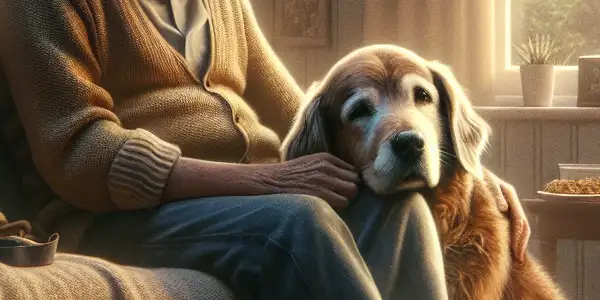 An elderly dog rests its head on its owner's lap in a cozy, nostalgic living room.