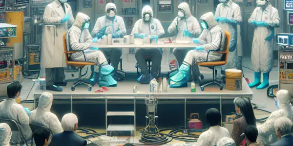 A professional film set showcasing actors in protective gear discussing hygiene standards in the Japanese adult film industry.