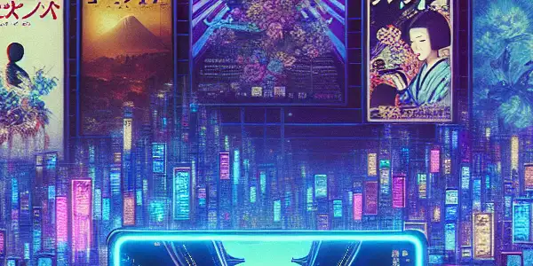 Futuristic digital interface showcasing Japanese AV film posters in a dimly-lit, neon-lit room with a vast library.