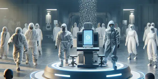 A modern film set in 2026 showcasing health and safety in the adult film industry with actors in protective gear.