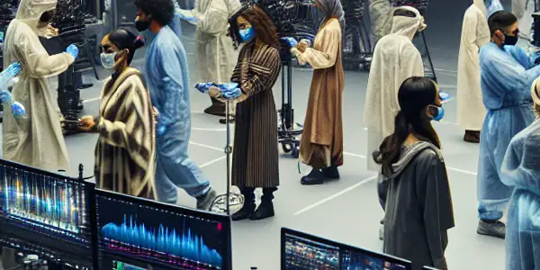 A modern AV film studio in 2026, showcasing diverse actors and crew in protective gear, emphasizing health and safety.