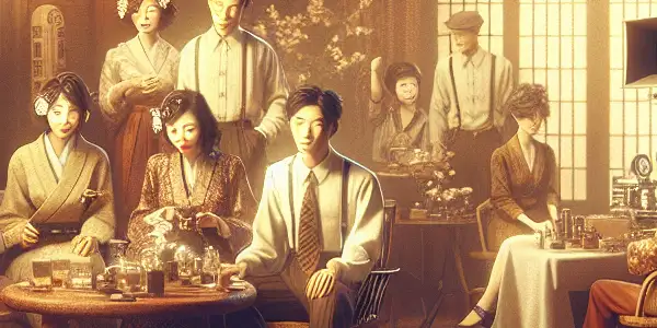 A vintage Japanese film set from the 1980s showcasing actors and iconic AV safety products in a nostalgic ambiance.