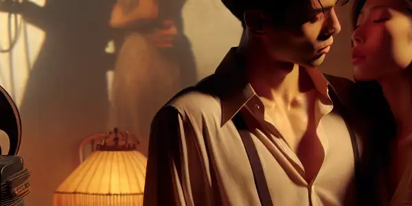 A romantic vintage Japanese scene featuring a couple in an intimate embrace, surrounded by retro decor and film elements.