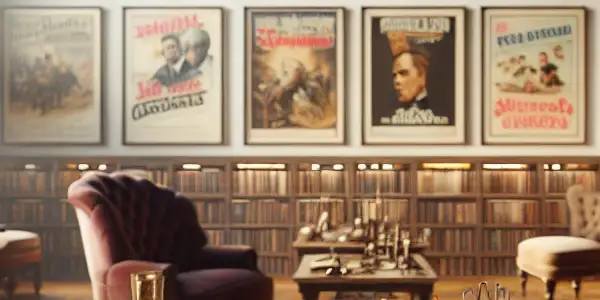 A sophisticated library showcasing a diverse collection of adult films, featuring a vintage table, film reels, and plush armchairs.