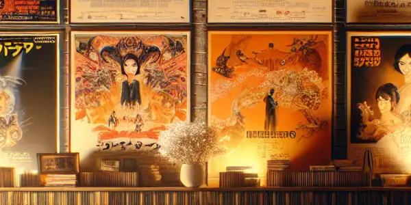 A vintage display of iconic adult film posters, featuring "Deep Throat" and Japanese AV film covers, in a cozy setting.
