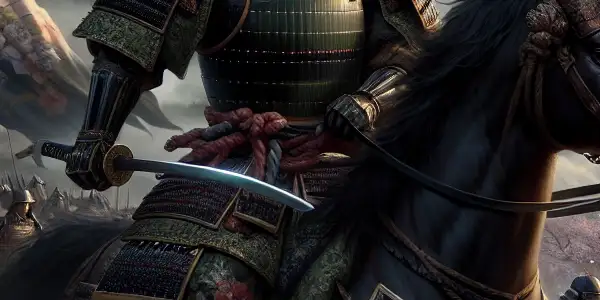 Samurai Takeda Shingen commands his troops on a misty battlefield at dawn during the Sengoku period.