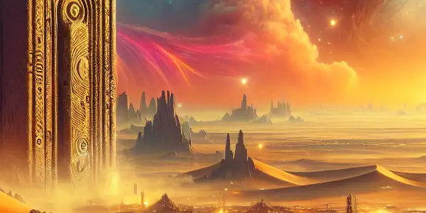 A lone explorer in futuristic gear gazes at a massive ancient monolith on an alien desert planet.