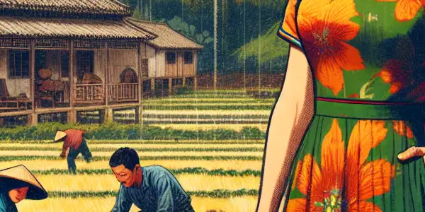 A determined woman in traditional 1960s attire stands in a vibrant rural Chinese landscape, symbolizing empowerment and community.