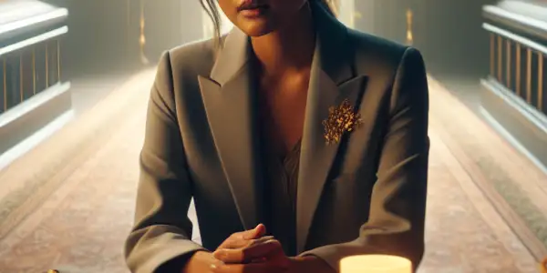 A young funeral director engages empathetically with a grieving family in a beautifully designed funeral home.