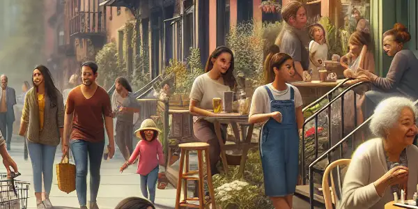 A vibrant urban neighborhood scene showcasing families enjoying everyday moments together in a warm, inviting atmosphere.