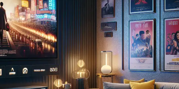 A cozy living room with a large screen, plush sofa, popcorn, and movie posters showcasing a fictional cinema platform.