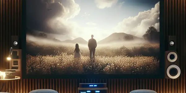 A cozy home theater with plush seating, a large screen, ambient lighting, and movie posters on the walls.