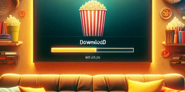 A cozy home movie night scene with a couch, TV, popcorn, and a laptop downloading films.