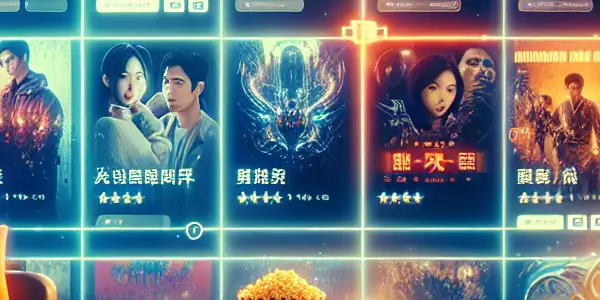 A vibrant online movie streaming platform showcasing diverse film thumbnails in a cozy, cinematic setting.