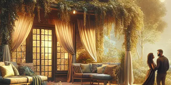 A romantic couple shares an intimate moment near a picturesque cabin in a lush, vibrant landscape.