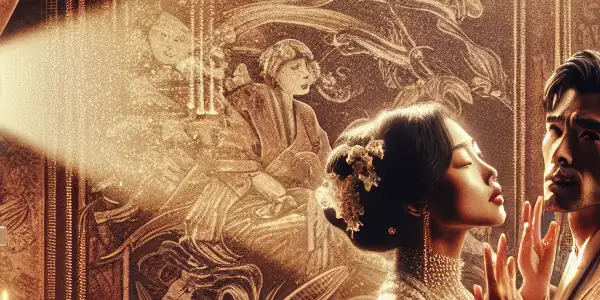 A romantic scene featuring two elegantly dressed characters on a vintage film set, embodying passion and intimacy.