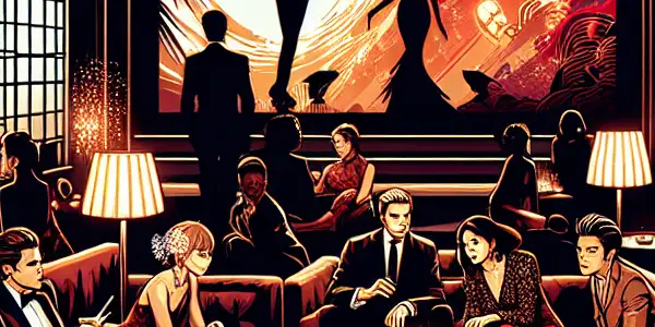 A vibrant nightlife scene in an upscale lounge, featuring elegantly dressed individuals enjoying cinematic conversations amidst rich decor.