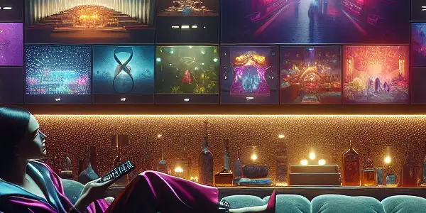 A luxurious, dimly lit room featuring a stylish individual enjoying adult films on a plush couch with vibrant decor.