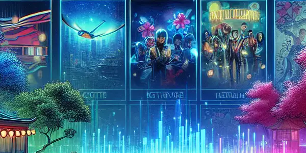 A vibrant digital landscape showcasing adult entertainment thumbnails with neon colors and subtle Japanese cultural elements.