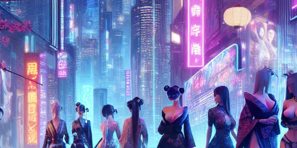 Futuristic cityscape at night, showcasing diverse characters and high-tech elements in a seductive adult entertainment theme.