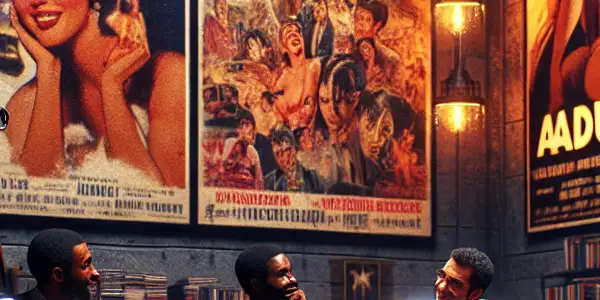 A vibrant Hollywood film studio blending classic cinema with adult film elements, featuring diverse enthusiasts discussing cultural influences.