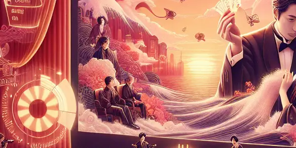 A vibrant theater scene featuring a movie screen displaying a fictional Japanese AV film titled "Night of Passion."