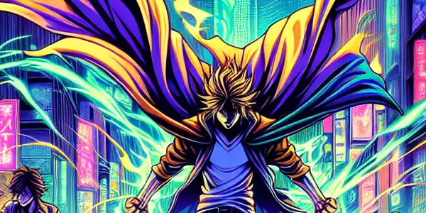 A vibrant urban night scene featuring a superhero transformation amidst neon lights and dynamic characters.