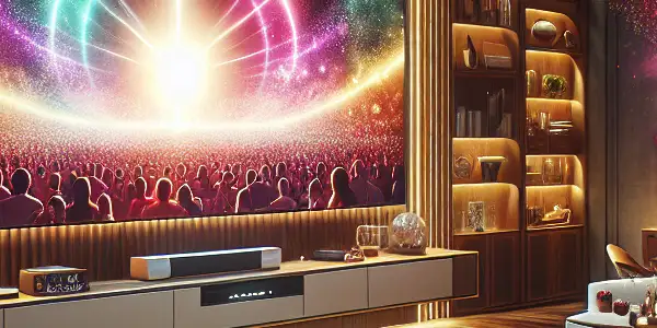 A luxurious living room with a large screen displaying a vibrant Japanese AV film, surrounded by comfort and indulgence.