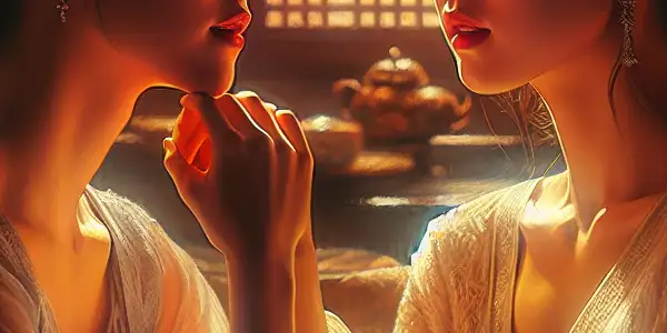 Two women share an intimate, emotionally charged moment in a cozy, softly lit room.